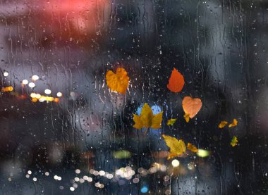 Rainy Autumn leaves on window rain drops and night city traffic blurred light colorful reflection cold season defocus background  clipart