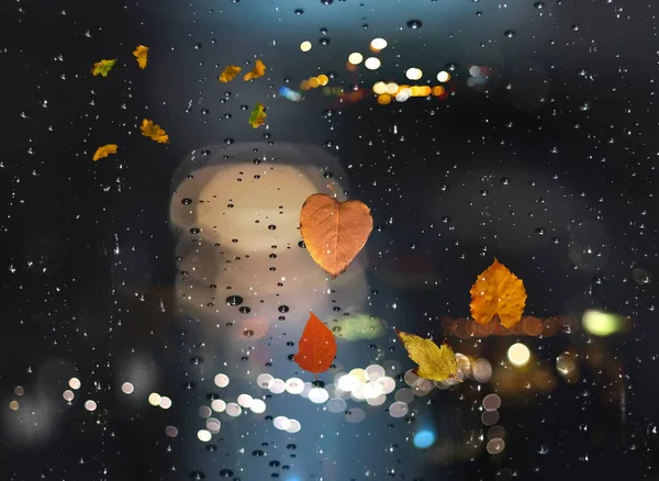 Rainy Autumn leaves on window rain drops and night city traffic blurred light colorful reflection cold season defocus background