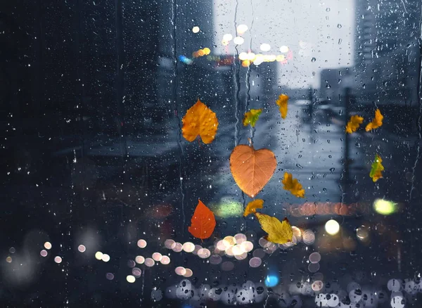 Deszczowe Jesienne Liście Oknach Krople Deszczu Nocny Ruch Miejski Zamazane — Zdjęcie stockowe