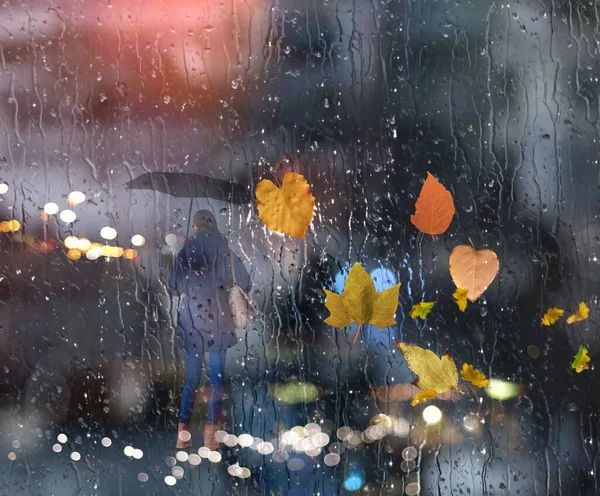Rainy Autumn Leaves Window Rain Drops Night City Traffic Blurred — Photo
