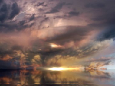 Fırtınalı dramatik bulutlu gök pembe bulutlu gün batımı deniz pasteli güneş ışığı deniz manzarası deniz manzarası.