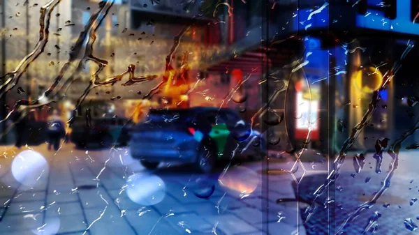 Rain Window Glass View Street Car Traffic Night City Blurred — Stockfoto