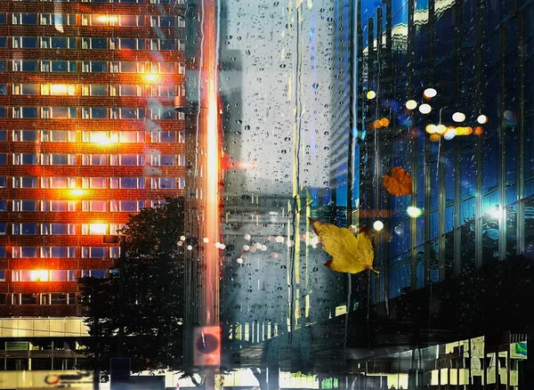 Rain City Rainy Drops Yellow Leaves Window View Modern Buildings —  Fotos de Stock