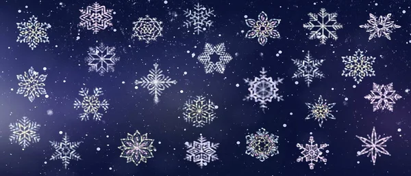 Winter Kerst Sneeuwvlokken Feestelijke Blauwe Achtergrond Template Kopiëren Ruimte Banner — Stockfoto