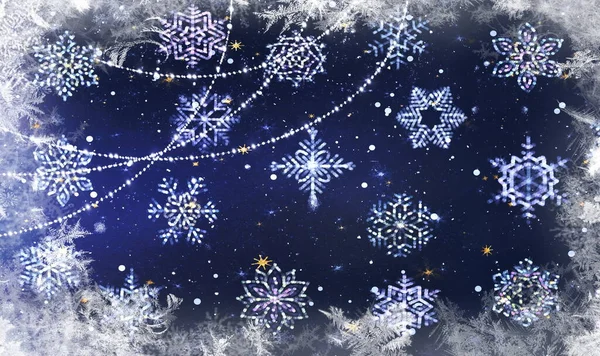 Winter Christmas Defocus Background Snowflakes Festive Template Snow Garland Gold — Foto de Stock