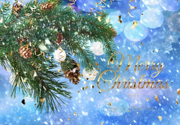 Christmas Tree Branch Coins Gold Text Blue Snowy Blurred Background — Φωτογραφία Αρχείου