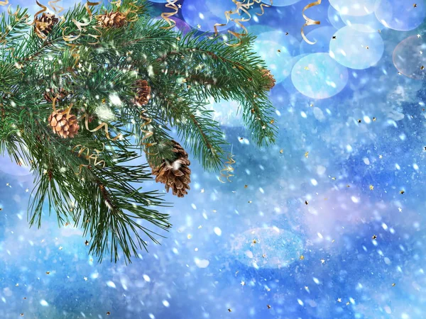 Christmas Tree Branch Coins Gold Text Blue Snowy Blurred Background — Fotografia de Stock