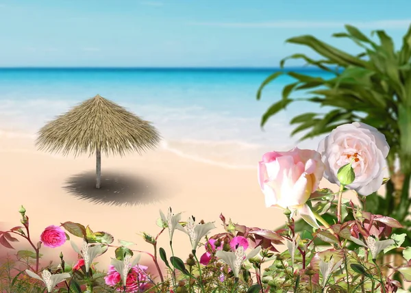 Straw Tent Tropical Palm Beach Beautiful Exotic Flowers Holiday Vacation — Zdjęcie stockowe