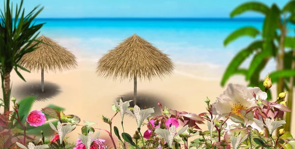 Straw Tent Tropical Palm Beach Beautiful Exotic Flowers Holiday Vacation — Stockfoto