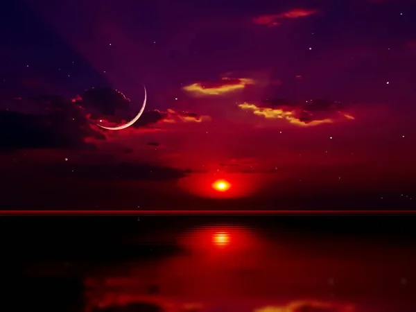 moon on starry sky orange late sunset at night sea nature landscape0