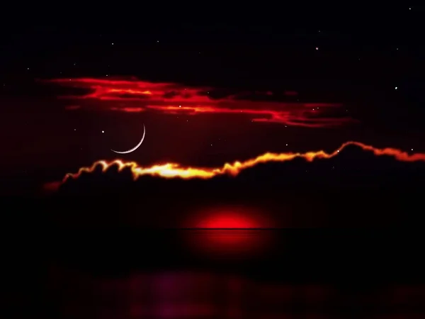 Moon Starry Sky Orange Late Sunset Night Sea Nature Landscape0 — Stockfoto