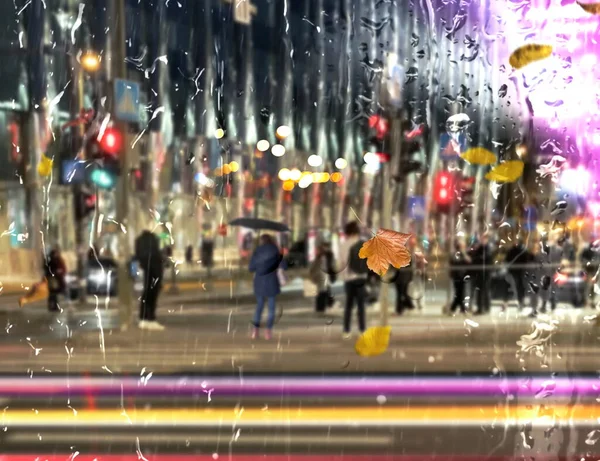 City Autumn Rain Drops Window Pedestrian Umbrellas Evening Neon Bokeh — 스톡 사진