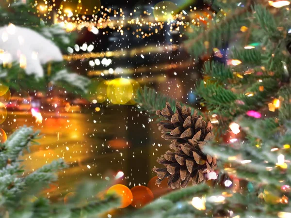 Festive City Night Christmas Tree View Street Night City Car — Stock Fotó