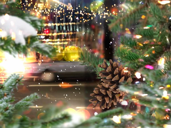 Festive City Night Christmas Tree View Street Night City Car — Stock Photo, Image