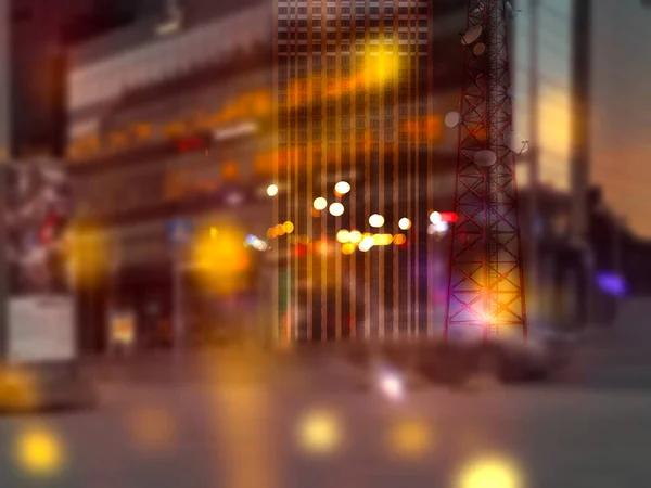 Rainy Night City Blurred Bokeh Light Modern Buildings Urban Defocus — Fotografia de Stock