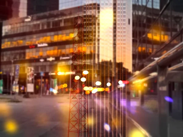 Night City Blurred Bokeh Light Modern Buildings Urban Defocus Background — Stockfoto