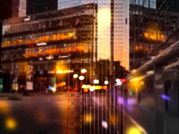 Rainy Night City Blurred Bokeh Light Modern Buildings Urban Defocus — Fotografia de Stock