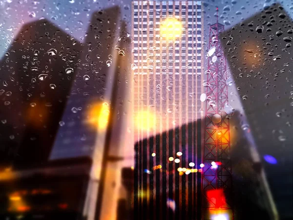 Rainy Night City Blurred Bokeh Light Modern Buildings Urban Defocus —  Fotos de Stock