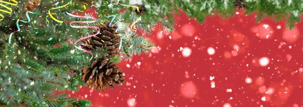 Christmas Tree Branch Cone Snowy Red Bakcground Copy Space Template — Stockfoto