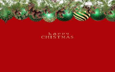  Christmas greetings card  green tree branch with cone and festive ball , retro old vintage gold confetti on red background copy space template banner