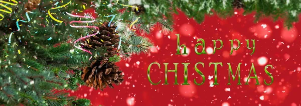 Christmas Greetings Card Green Tree Branch Cone Festive Ball Retro — Fotografia de Stock