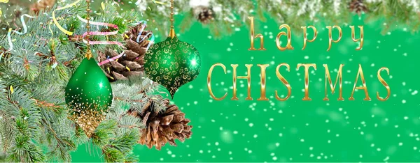 Christmas Greetings Card Green Tree Branch Cone Festive Ball Retro — Fotografia de Stock