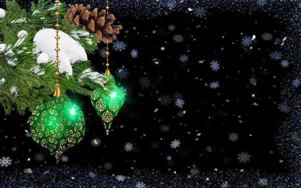 Happy Christmas Greetings Card Green Tree Branch Cone Festive Ball — Stockfoto