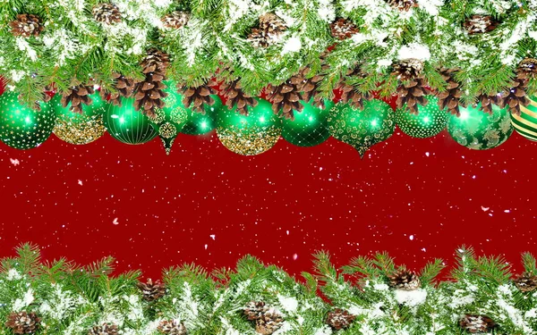 Happy Christmas Greetings Card Green Tree Branch Cone Festive Ball — Foto de Stock