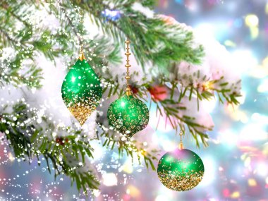 Christmas tree branch decoration on blurred background copy space template 