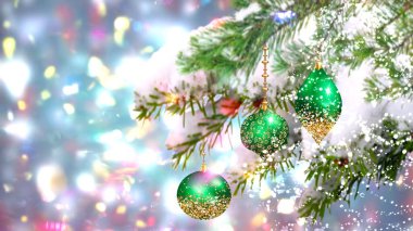 Christmas tree branch decoration on blurred background copy space template 