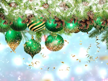 Christmas tree  decoration and gold confetti on blurred background copy space template 