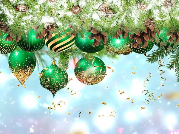 Christmas Tree Decoration Gold Confetti Blurred Background Copy Space Template — Photo