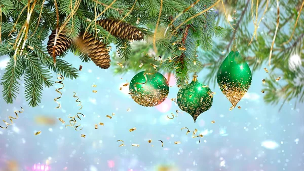 Christmas Tree Decoration Gold Confetti Blurred Background Copy Space Template — Zdjęcie stockowe