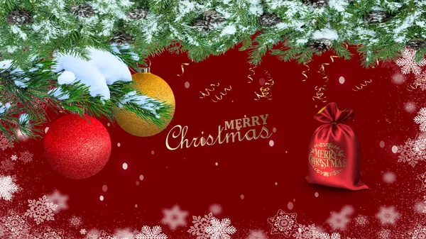 Merry Christmas Banner red and gold white snow flackes copy space template background