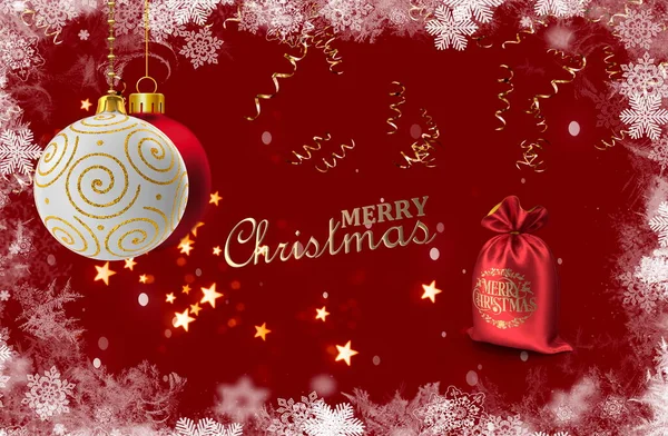 Merry Christmas Text White Ball Red Background White Snow Flakes — Zdjęcie stockowe
