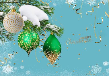 Christmas   tree branch with cone  green ball and gold confetti on snowy   blue   bakcground copy space template banner