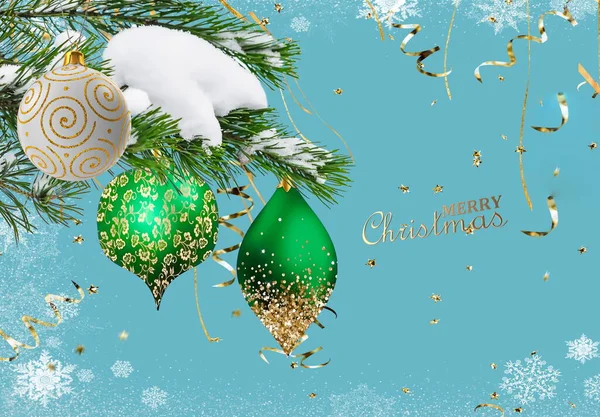 Christmas Tree Branch Cone Green Ball Gold Confetti Snowy Blue — Zdjęcie stockowe