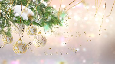 Christmas banner green  tree and white ball festive  snowy blurred with gold star confetti background copy space template 