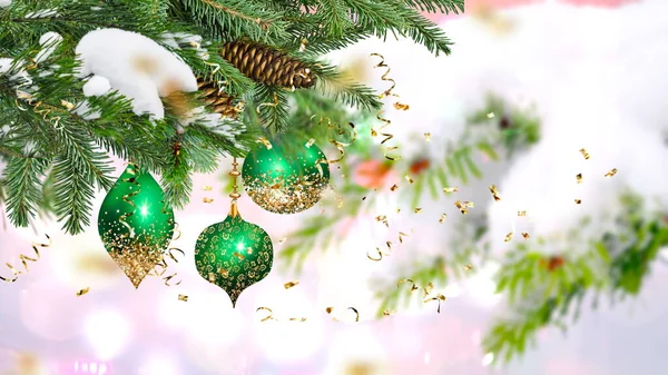 Christmas Banner Green Tree White Ball Festive Snowy Blurred Gold — Zdjęcie stockowe
