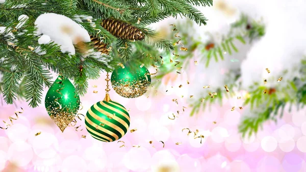 Christmas Banner Green Tree White Ball Festive Snowy Blurred Gold —  Fotos de Stock