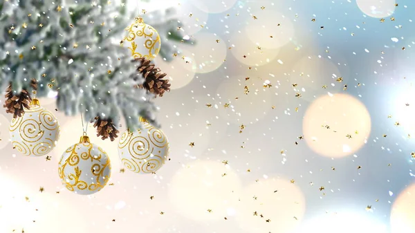 Christmas Banner Green Tree White Ball Festive Snowy Blurred Gold — Fotografia de Stock