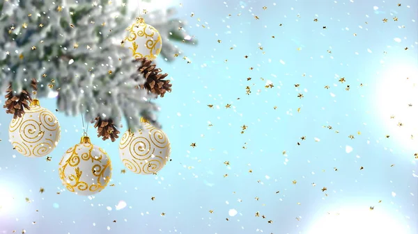 Christmas Banner Green Tree White Ball Festive Snowy Blurred Gold —  Fotos de Stock