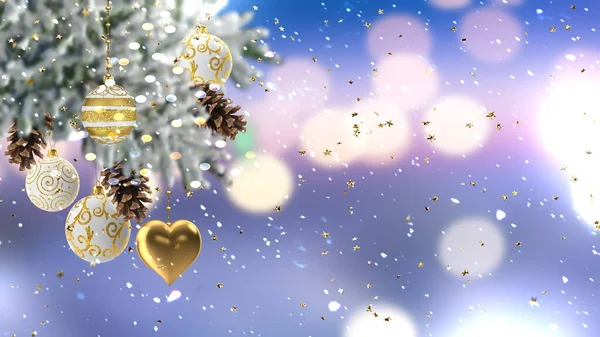 Christmas Banner Green Tree White Ball Festive Snowy Blurred Gold — Stock Photo, Image