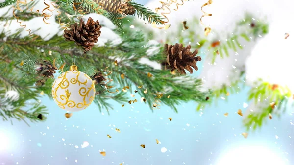 Χριστουγεννιάτικο Δέντρο Και Κουκουνάρι Εορταστικό Χιονισμένο Θολή Φως Και Χρυσό — Φωτογραφία Αρχείου