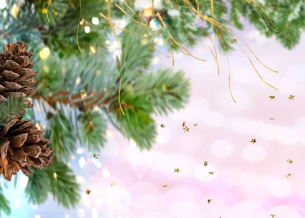 Winter Christmas Green Tree Pine Cone Festive Snowy Blurred Bokeh — Fotografia de Stock