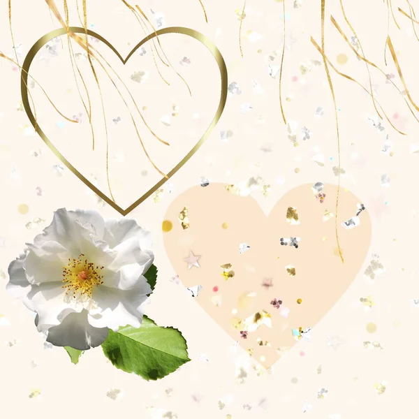 Valentine Woman Day Card Gold Confetti Elements Pink Rose Flowers — Fotografia de Stock