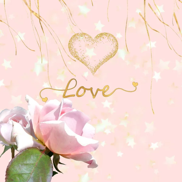 Valentine Woman Day Card Gold Confetti Elements Pink Rose Flowers — Foto Stock