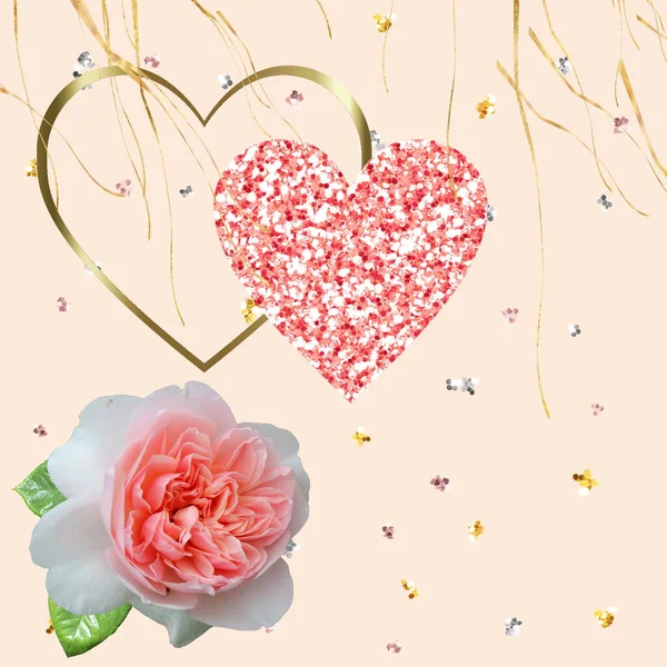 Valentine Woman Day Card Gold Confetti Elements Pink Rose Flowers — Stock Photo, Image