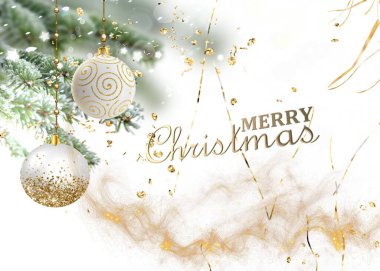 Merry Christmas greetings  tree green pine tree branch with cone  and colorful ball winter blue festive snow flakes blurred with gold star confetti bakcground copy space template banner