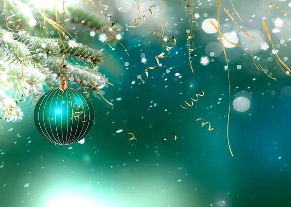 Χριστουγεννιάτικο Δέντρο Πράσινο Κλαδί Πεύκου Κώνο Και Πολύχρωμη Μπάλα Χειμωνιάτικο — Φωτογραφία Αρχείου